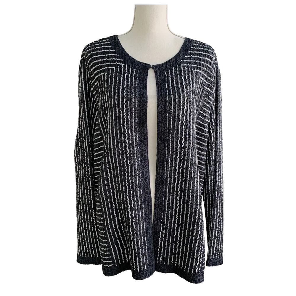 Chico's Travelers LS Open Front‎ Cardigan Black/White Crinkle Striped Size 0